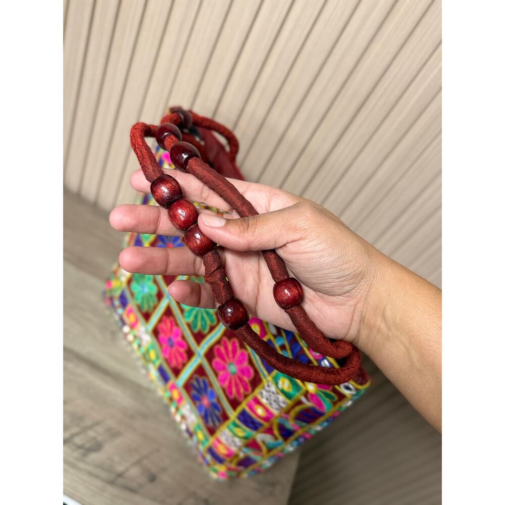 Embroidered Floral Tote Bag Red Beaded Handle Boho Shoulder Bag - Picture 6 of 10